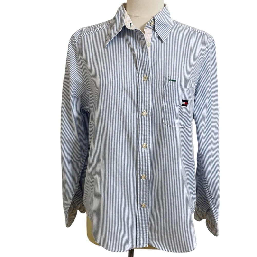 VTG TOMMY HILFIGER Preppy Blue White Stripes Cotton Button Down Shirt Size 8